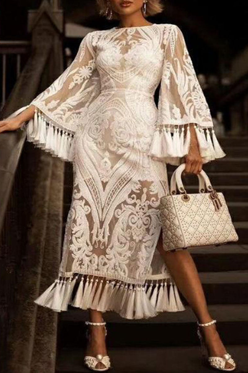 Kaynafashions - Elegant Solid Tassel Patchwork Slit O Neck Straight Dresses