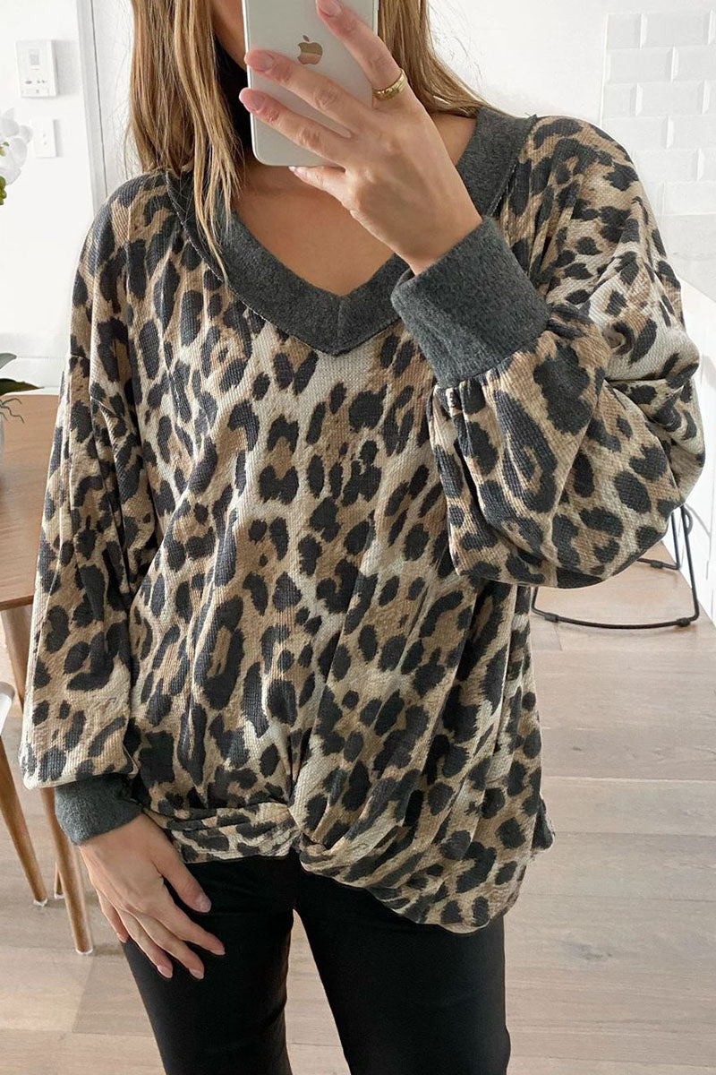 Kaynafashions - Fashion Street Leopard Patchwork V Neck Sweaters(4 colors)
