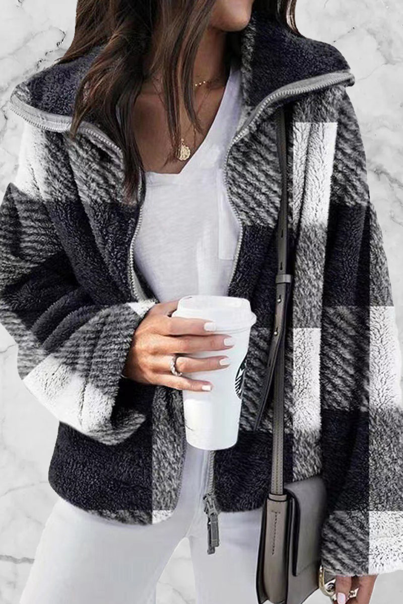 Kaynafashions - Street Plaid Color Block Patchwork Turndown Collar Outerwear