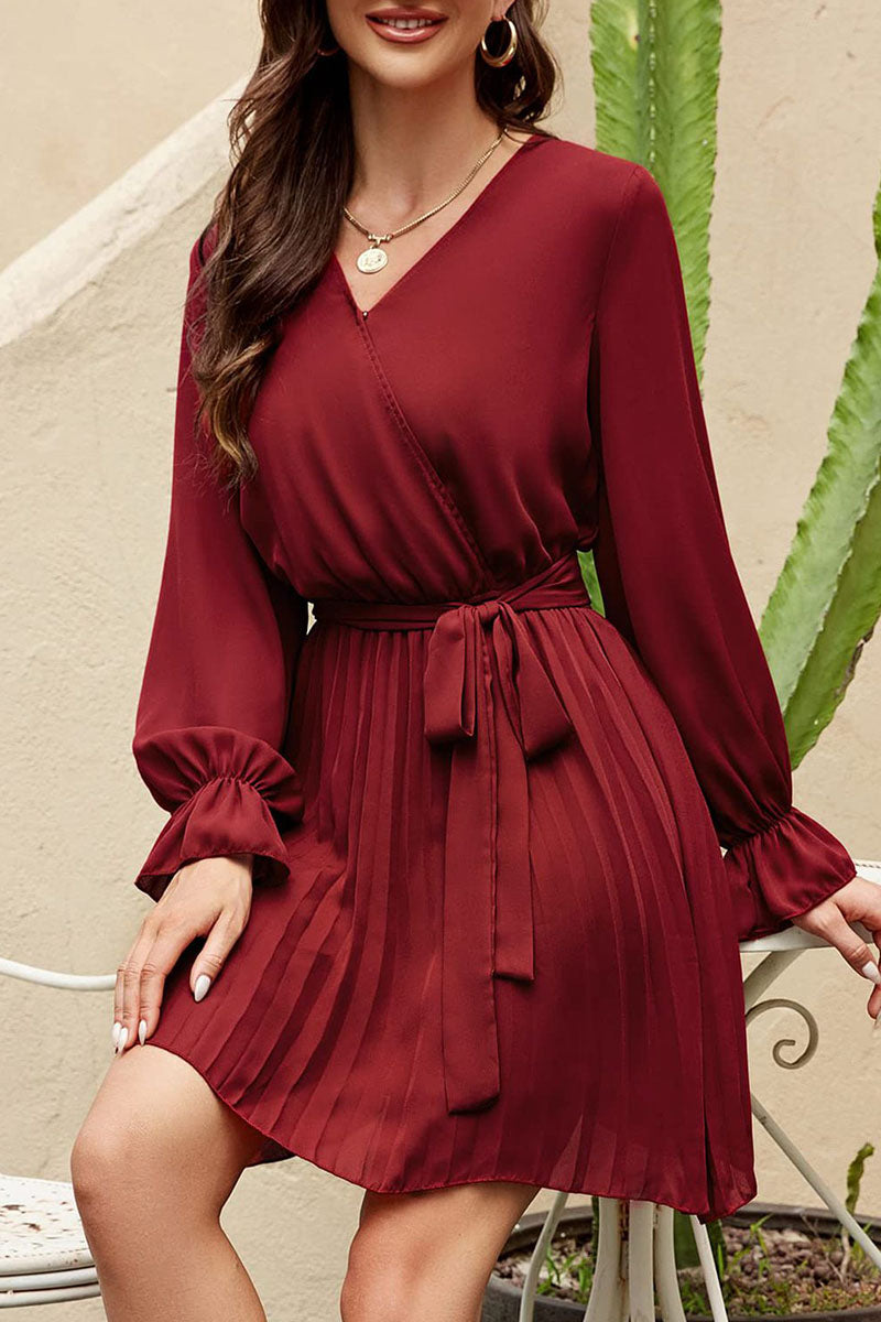 Kaynafashions - Sweet Patchwork Frenulum Fold V Neck Pleated Dresses(5 Colors)