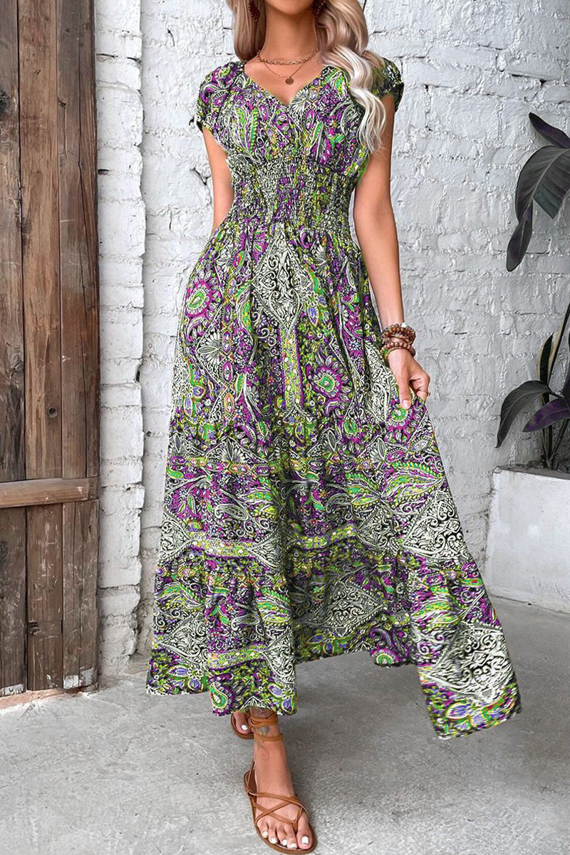 Kaynafashions - Bohemian College Print Fold V Neck A Line Dresses(4 Colors)