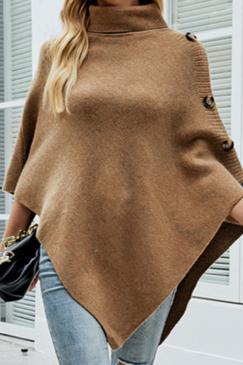Kaynafashions - Casual Solid Patchwork Buttons Asymmetrical Turtleneck Outerwear