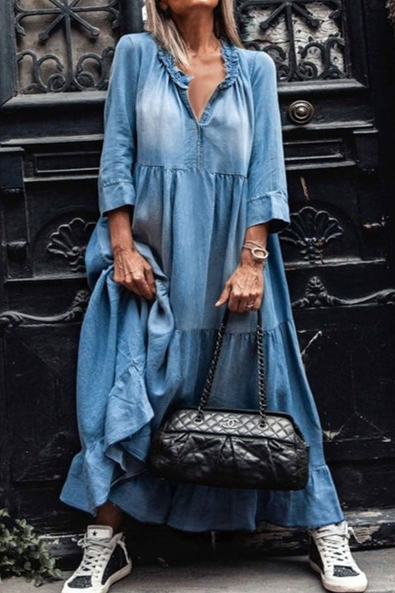 Kaynafashions - Fashion Street Solid Patchwork V Neck A Line Dresses