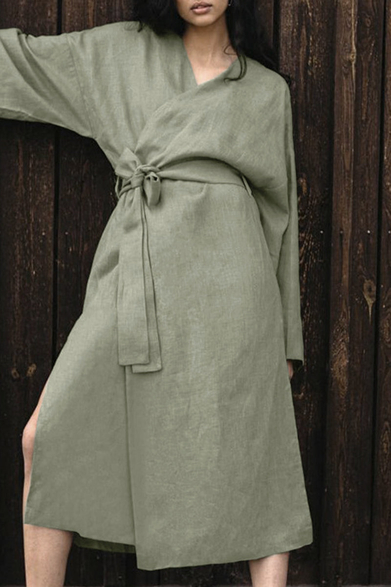 Kaynafashions - Casual Solid Frenulum V Neck Long Sleeve Dresses