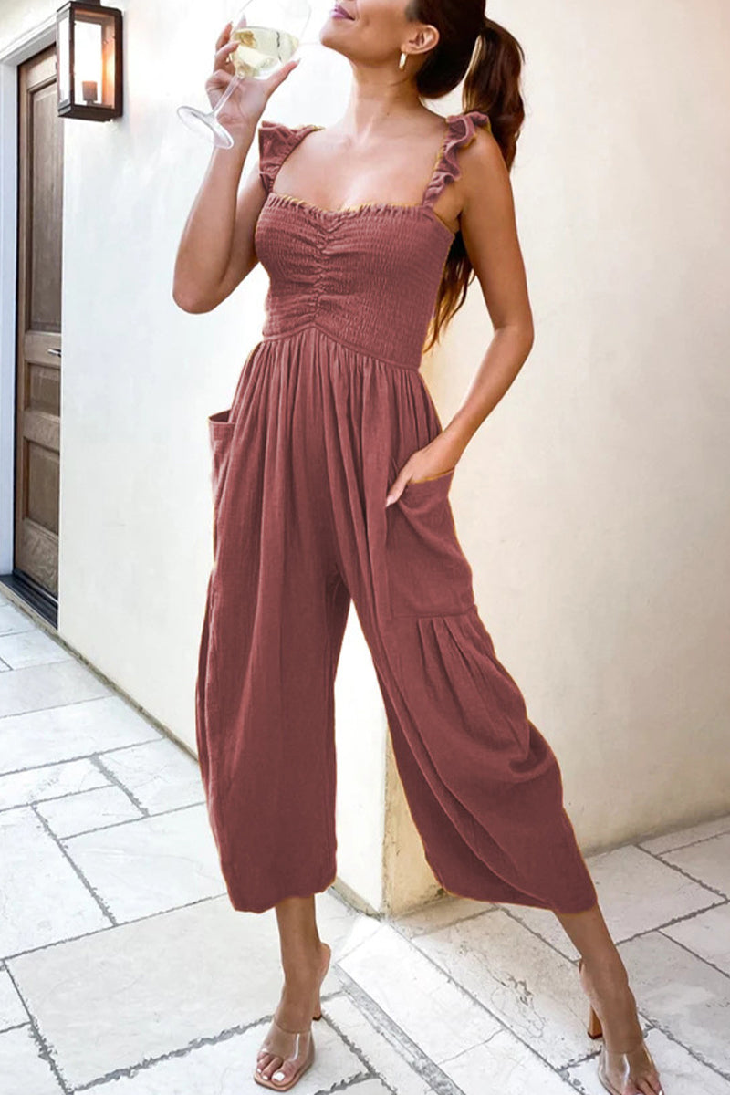 Kaynafashions - Casual Street Solid Patchwork Pocket Spaghetti Strap Straight Jumpsuits(4 Colors)