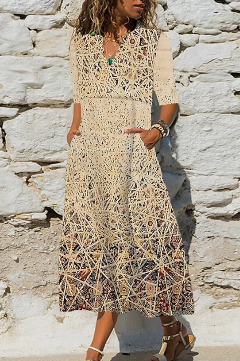 Kaynafashions - Casual Print Pocket V Neck A Line Dresses
