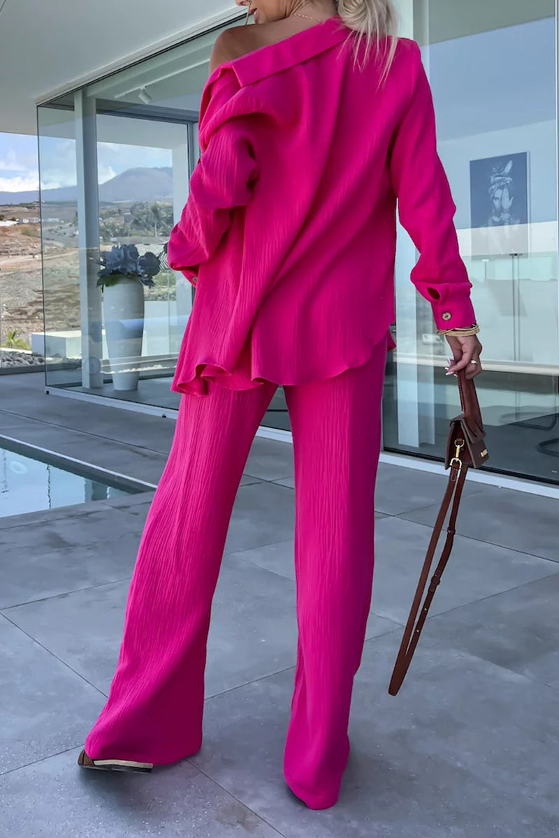 Kaynafashions - Casual Simplicity Solid Fold Turndown Collar Long Sleeve Two Pieces