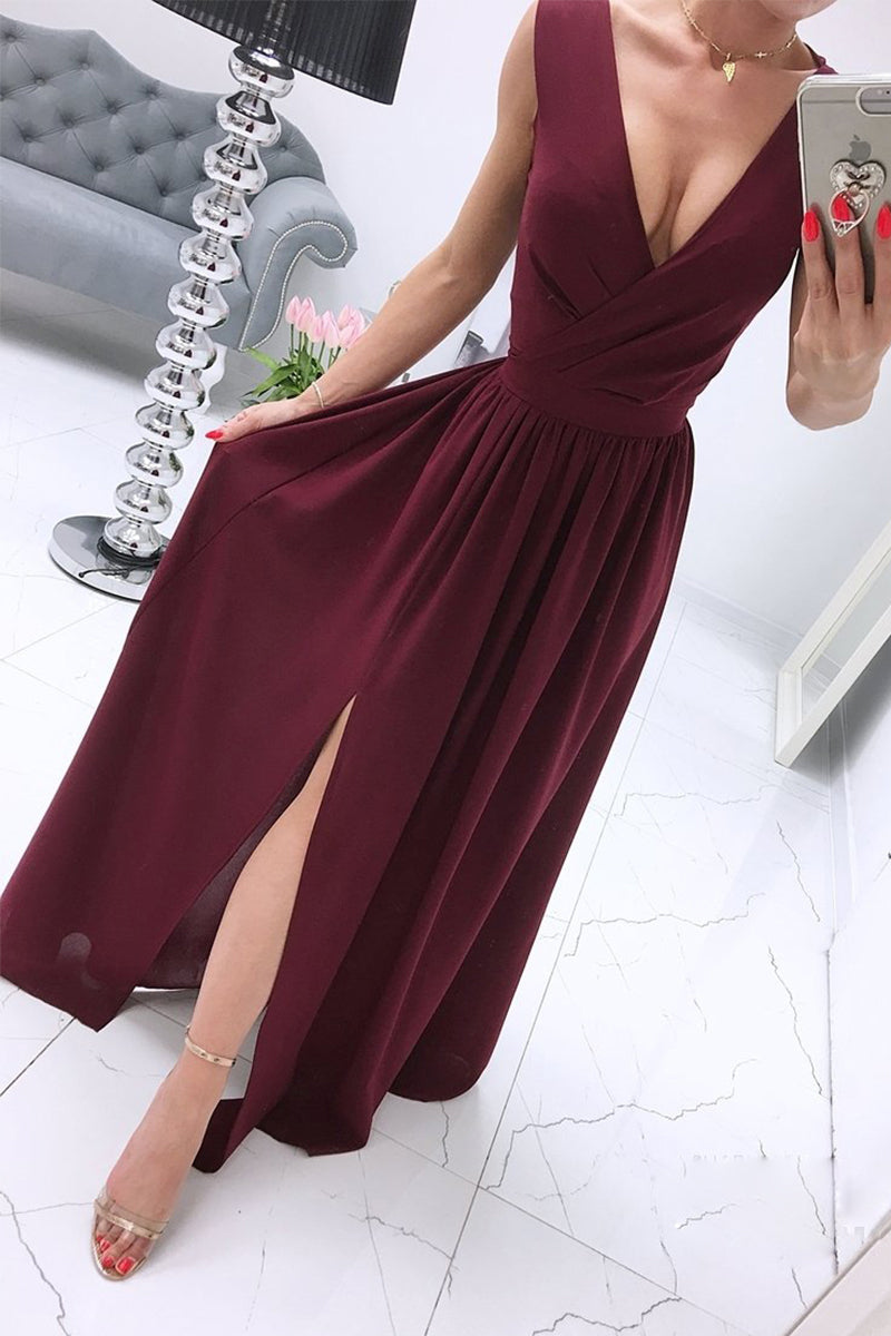 Kaynafashions - Sexy Simplicity Solid Slit V Neck Princess Dresses(6 Colors)