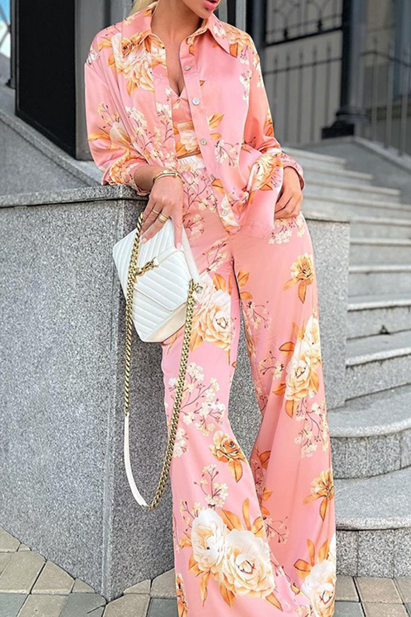 Kaynafashions - Fashion Print Patchwork Turndown Collar Long Sleeve Two Pieces