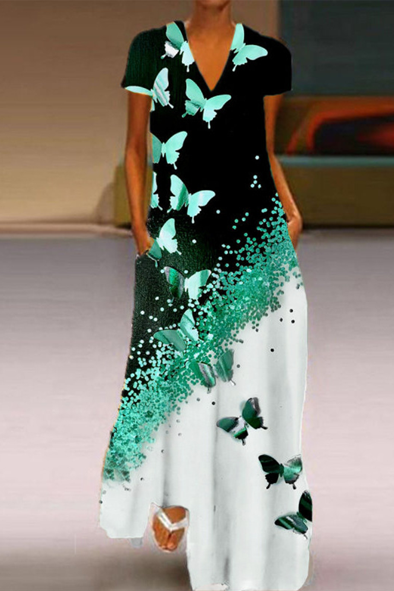 Kaynafashions - Casual Butterfly Print Patchwork V Neck Straight Dresses(5 colors)