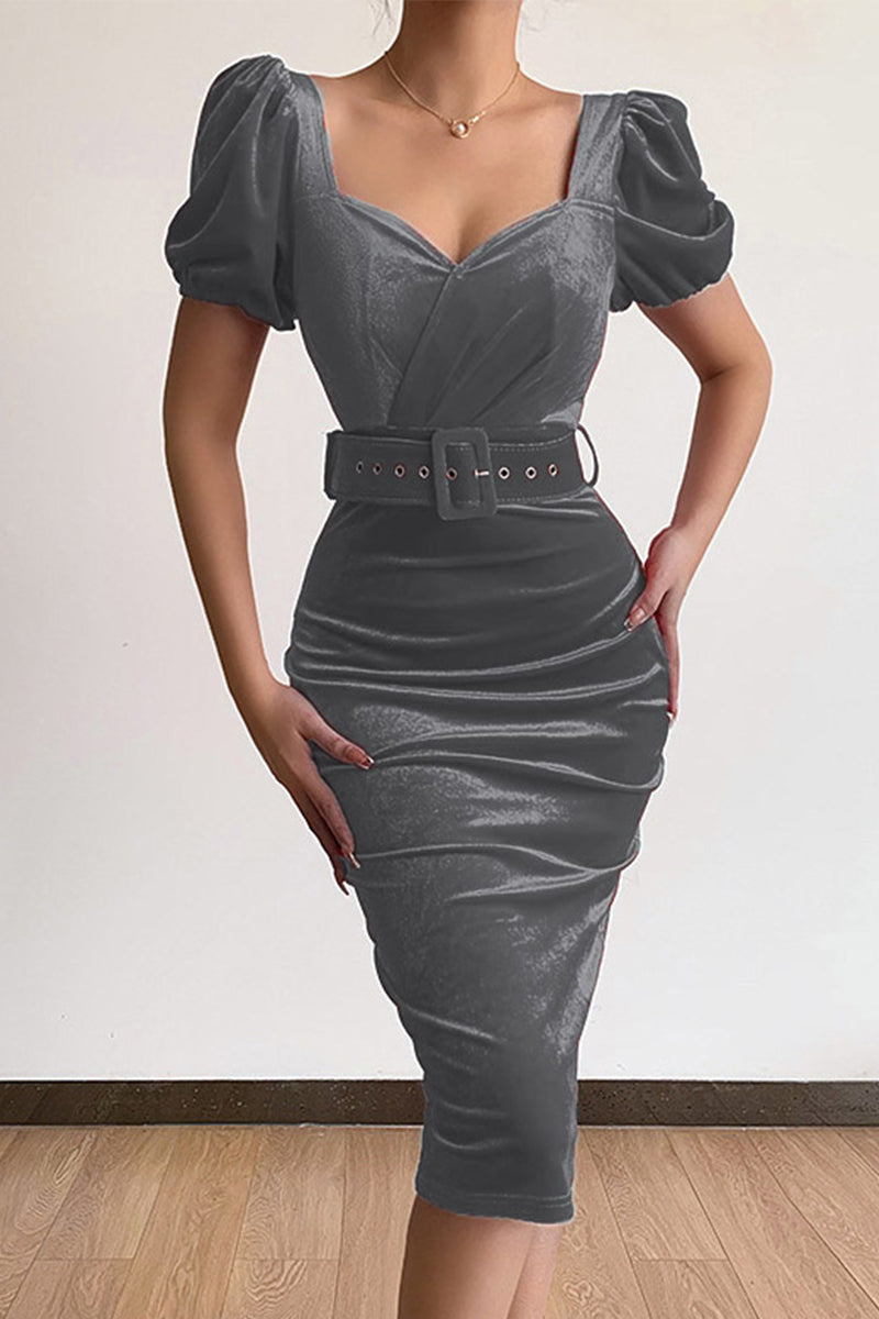 Kaynafashions - Elegant Solid With Belt Asymmetrical V Neck One Step Skirt Dresses(7 Colors)