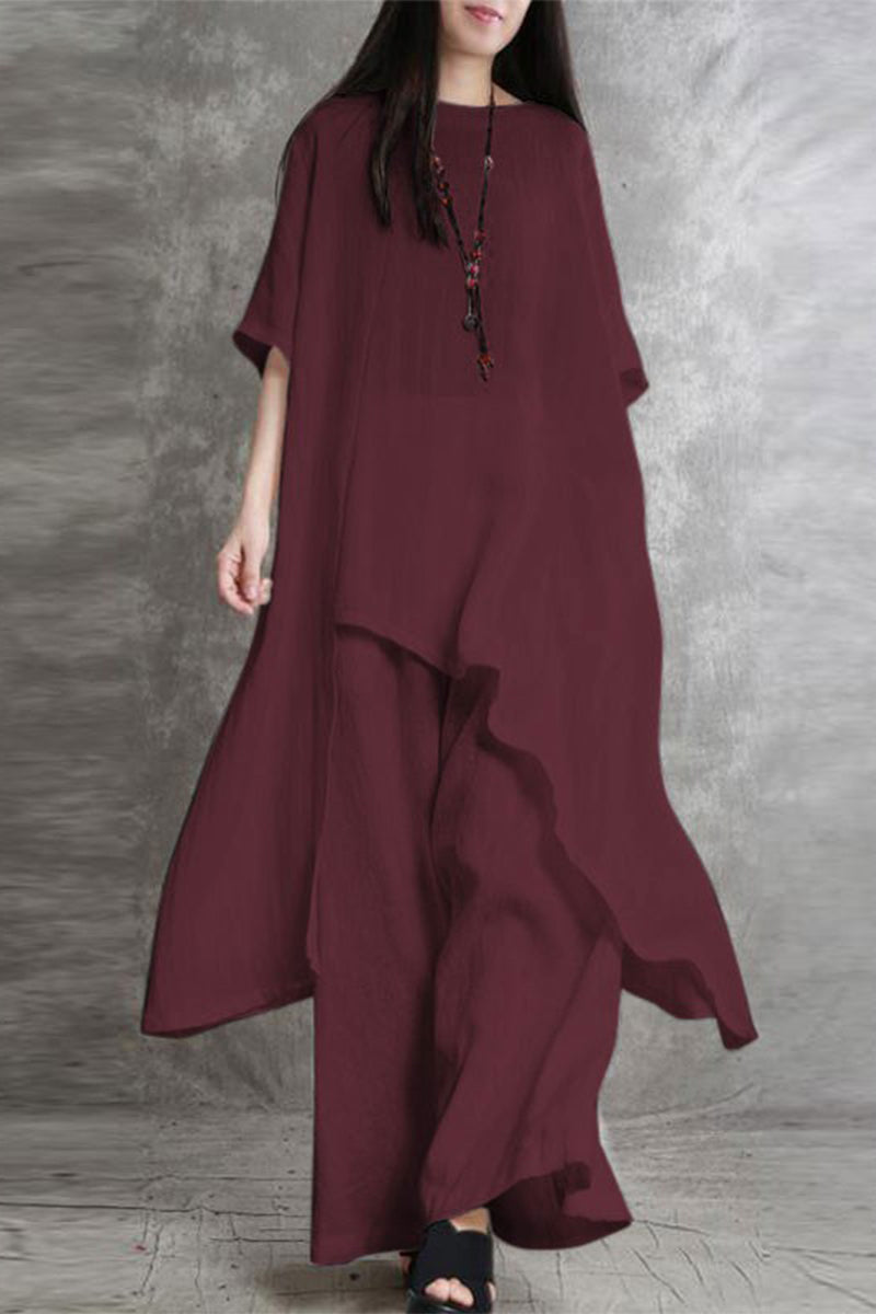 Kaynafashions - Casual Solid Pocket Asymmetrical O Neck Two Pieces