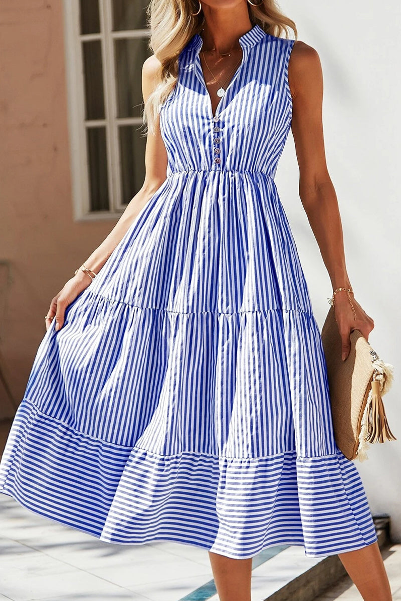 Kaynafashions - Sweet Elegant Striped Patchwork Mandarin Collar Sleeveless Dress Dresses