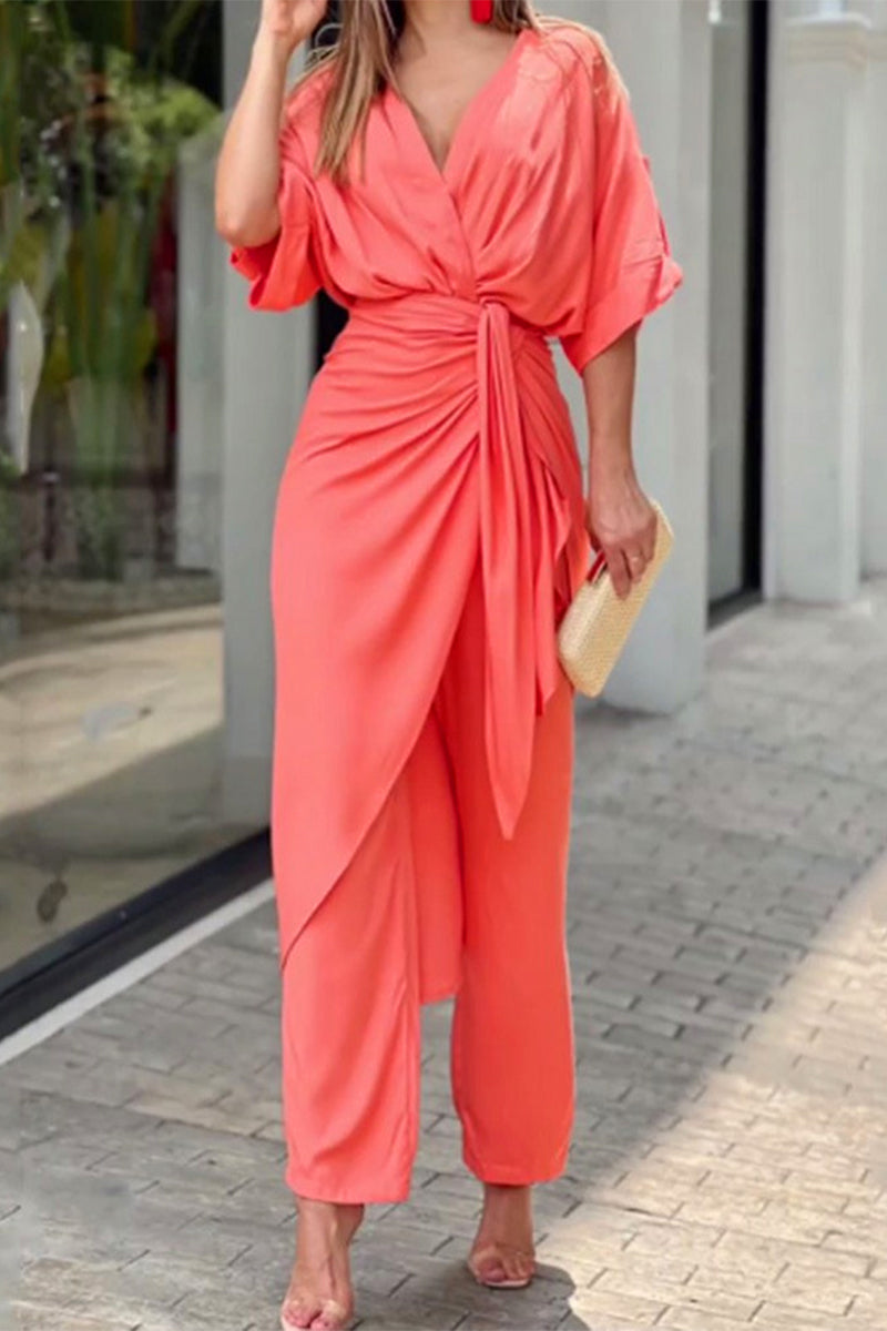 Kaynafashions - Casual Solid Frenulum V Neck Regular Jumpsuits(3 Colors)