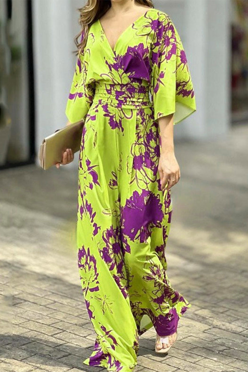 Kaynafashions - Casual Elegant Floral Patchwork V Neck Loose Jumpsuits