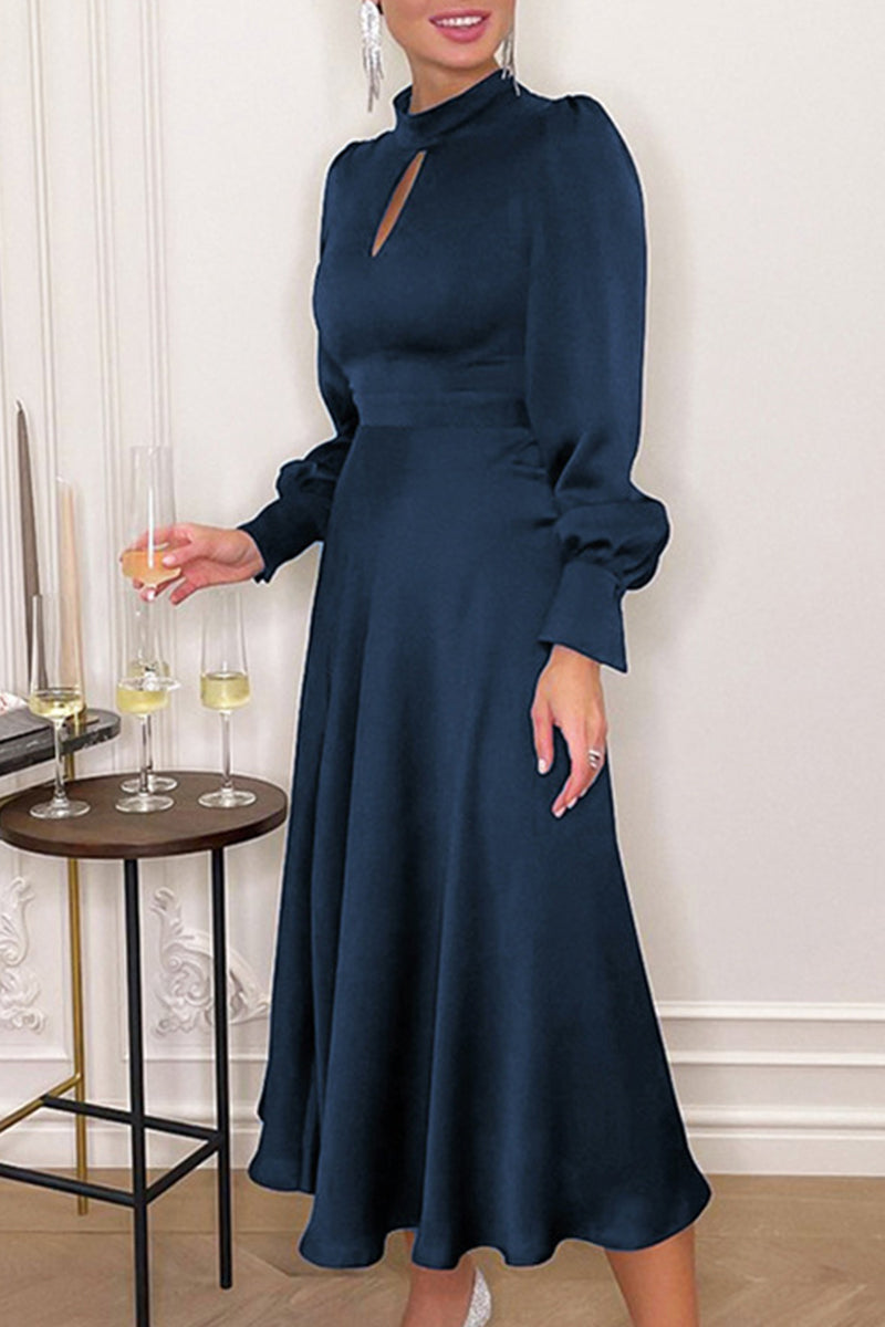 Kaynafashions - Elegant Solid Hollowed Out Turtleneck A Line Dresses