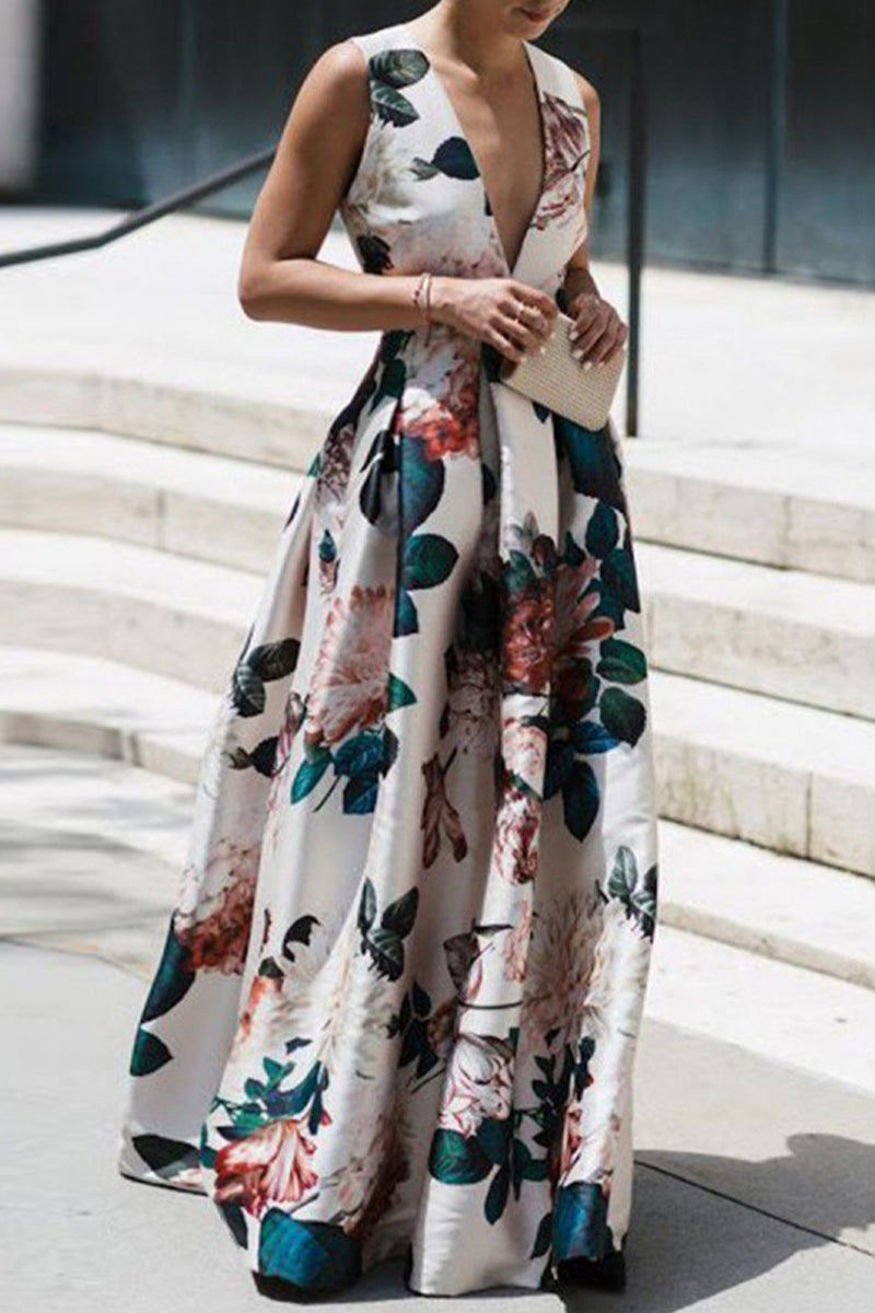 Kaynafashions - Celebrities Elegant Floral Patchwork V Neck Printed Dress Dresses