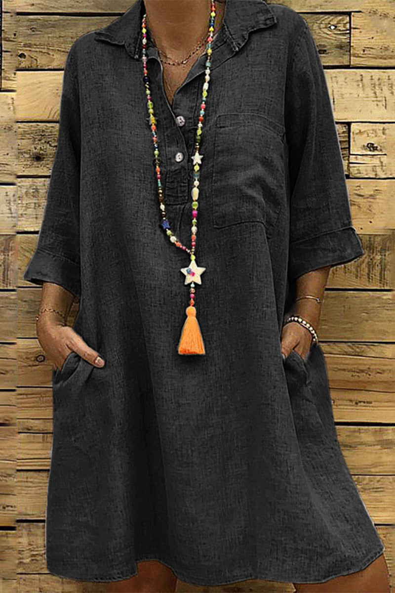 Kaynafashions - Casual Solid Buckle Turndown Collar One Step Skirt Dresses(5 Colors)