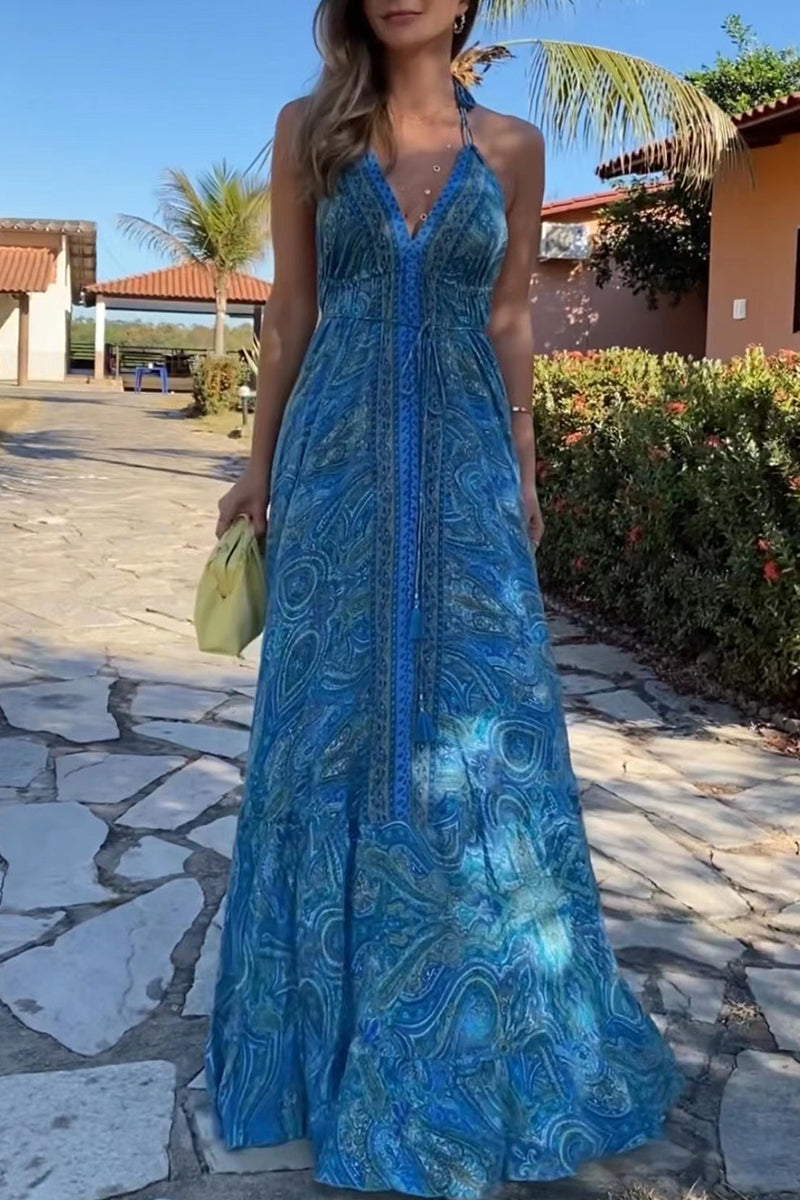 Kaynafashions - Bohemian College National Totem Patchwork V Neck Printed Dress Dresses(7 Colors)