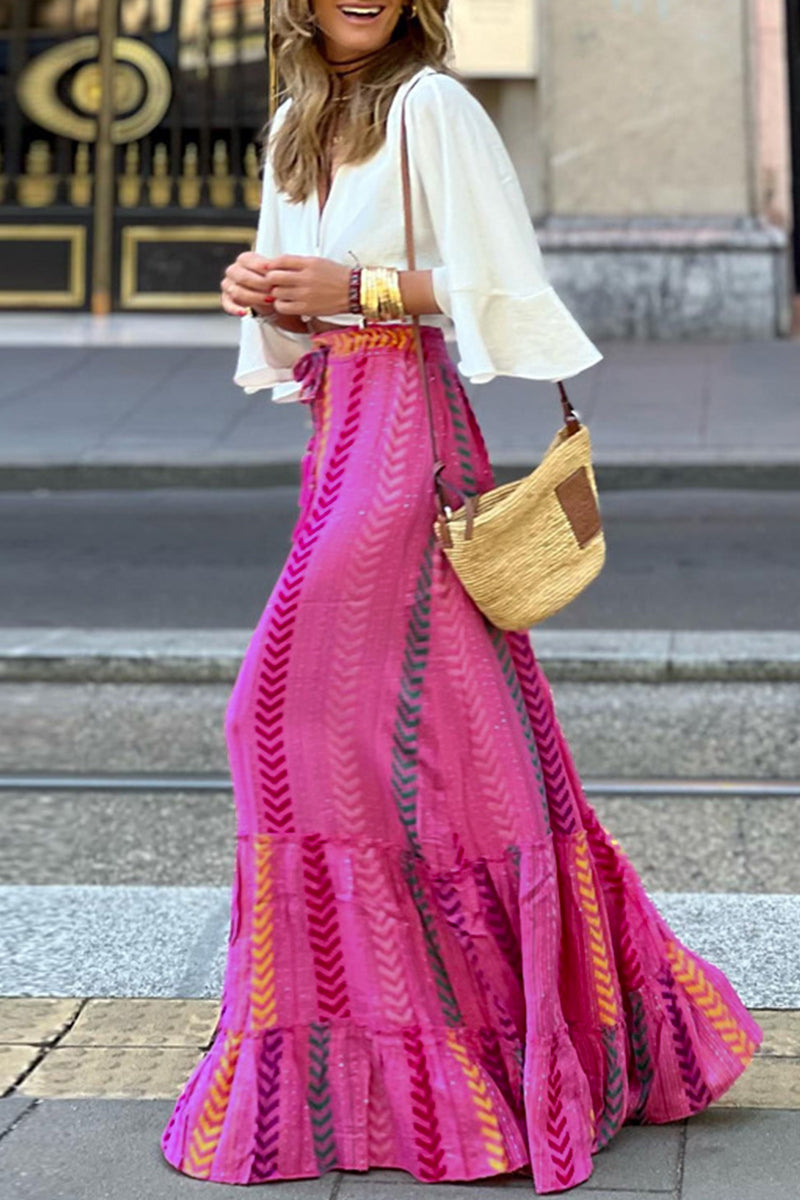 Kaynafashions - Coastal Comforts Ethnic Print Drawstring Elastic Waist Maxi Skirt