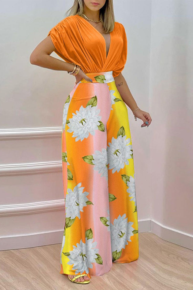 Kaynafashions - Elegant Print Solid Patchwork V Neck Short Sleeve Two Pieces