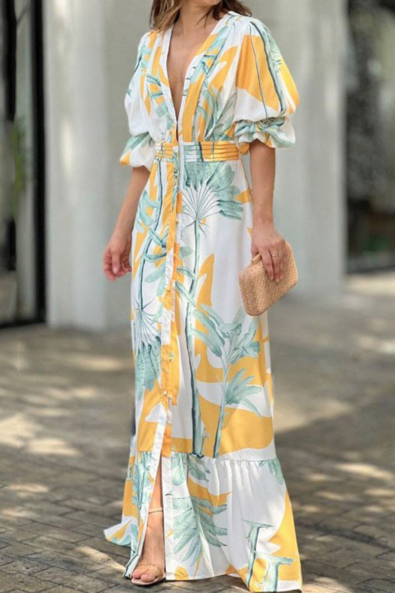 Kaynafashions - Casual Print Contrast V Neck Waist Skirt Dresses