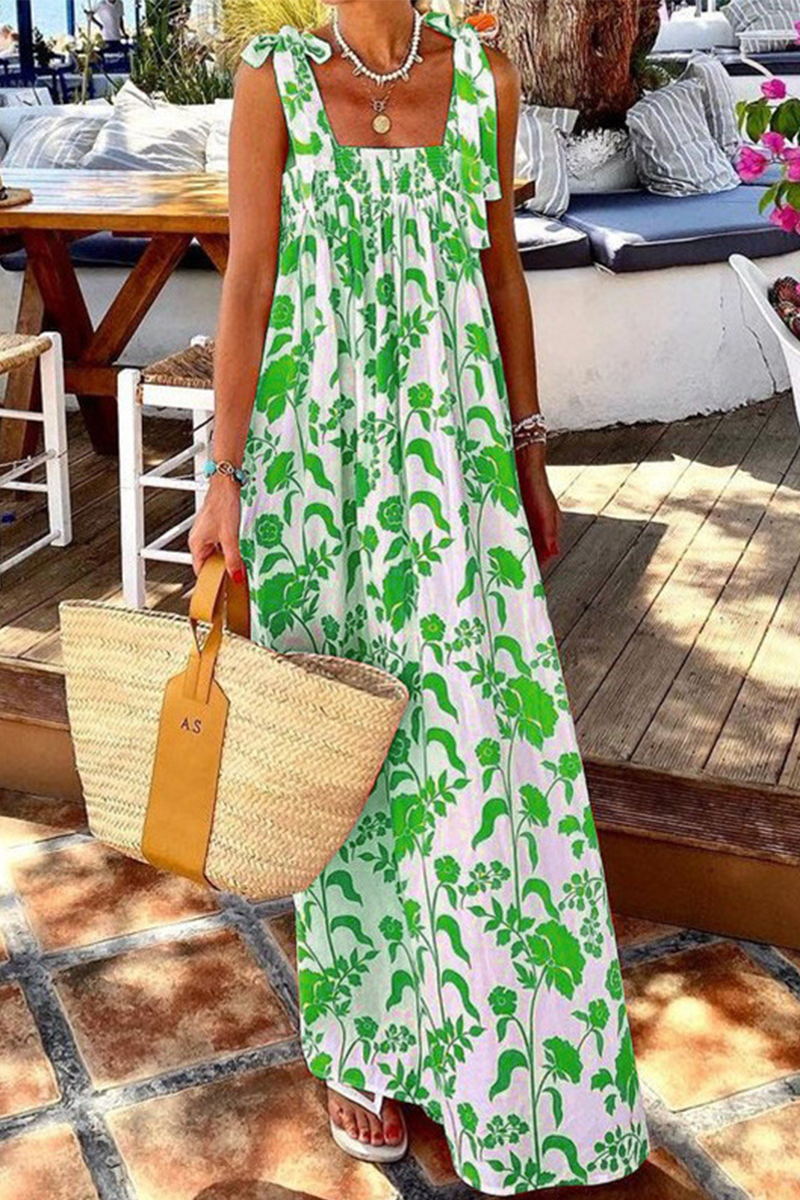 Kaynafashions - Vacation Print Strap Design Square Collar Princess Dresses