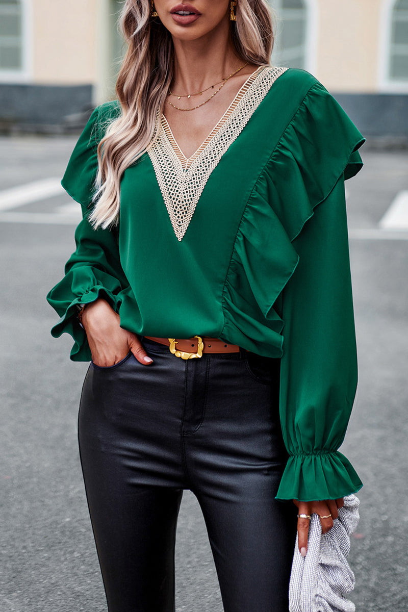 Kaynafashions - Elegant Solid Patchwork V Neck Tops