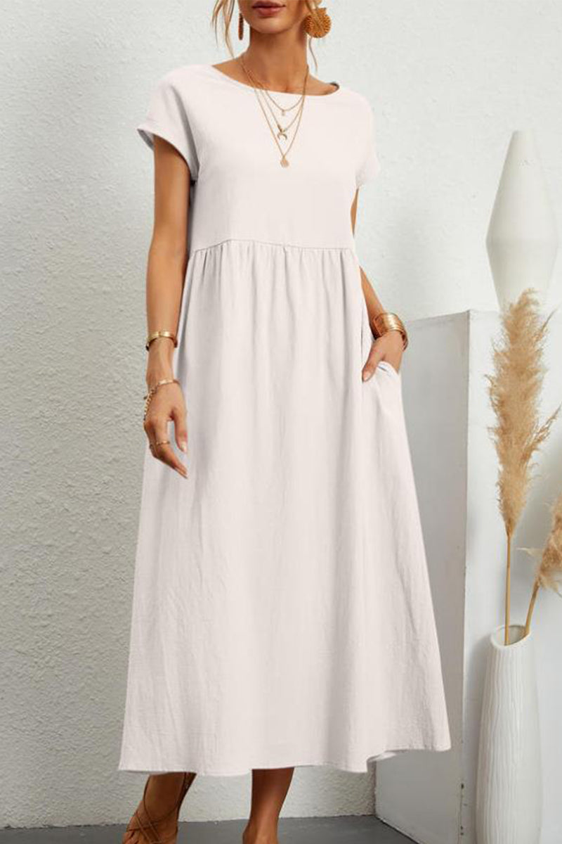 Kaynafashions - Casual Daily Solid Pocket O Neck Short Sleeve Dress(11 Colors)