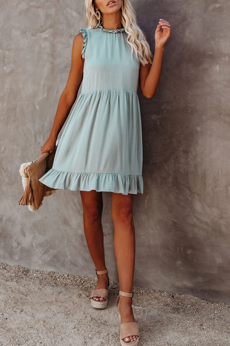 Kaynafashions - Casual Solid Flounce Half A Turtleneck Cake Skirt Dresses(3 colors)