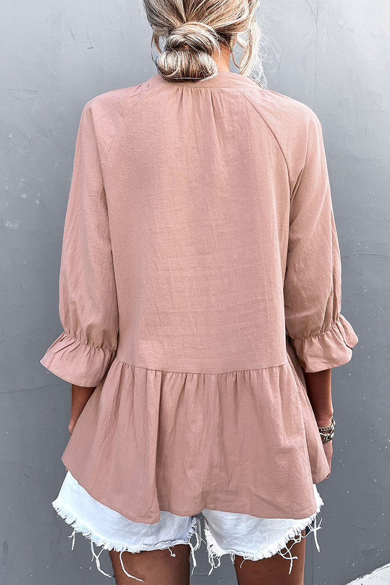 Kaynafashions - Casual Solid Flounce Fold V Neck Tops(5 Colors)