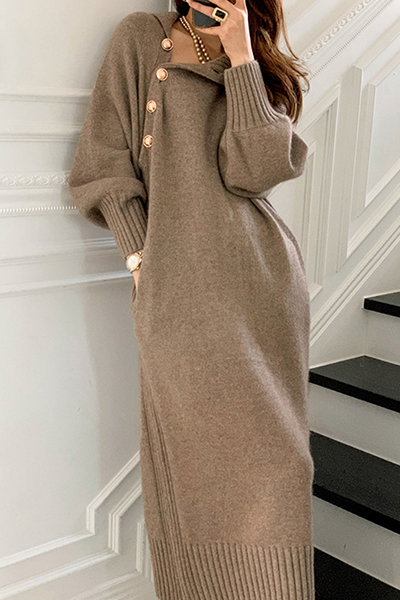 Kaynafashions - Casual Elegant Solid Buckle With Belt Turtleneck Dresses