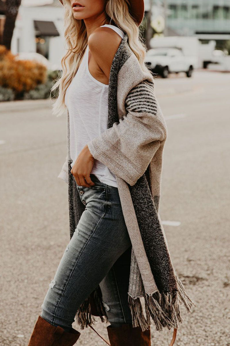 Kaynafashions - Fashion Street Striped Tassel V Neck Outerwear