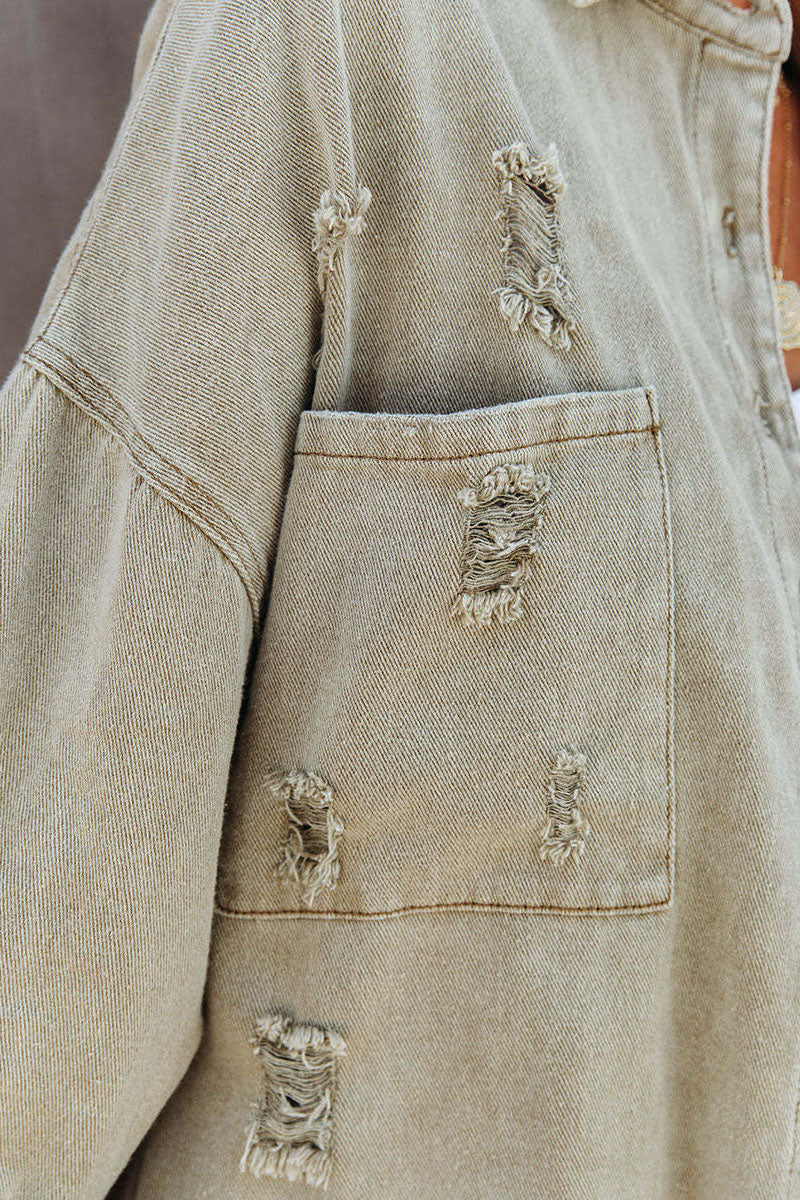 Kaynafashions - Casual Ripped Buckle Long Sleeve Loose Denim Jacket(4 Colors)