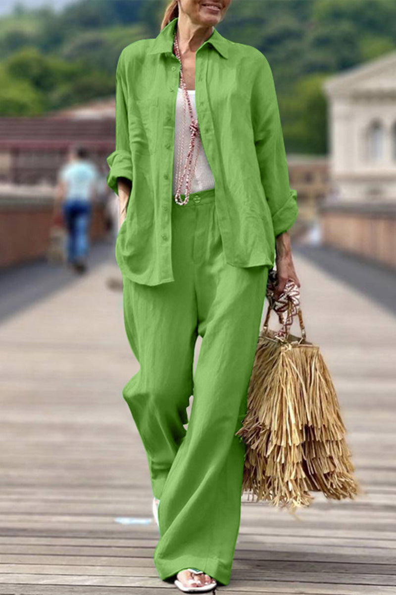 Kaynafashions - Casual Simplicity Solid Pocket Turndown Collar Long Sleeve Two Pieces