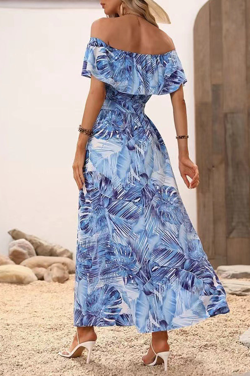 Kaynafashions - Sexy Vacation Floral Frenulum Slit Off the Shoulder Printed Dress Dresses