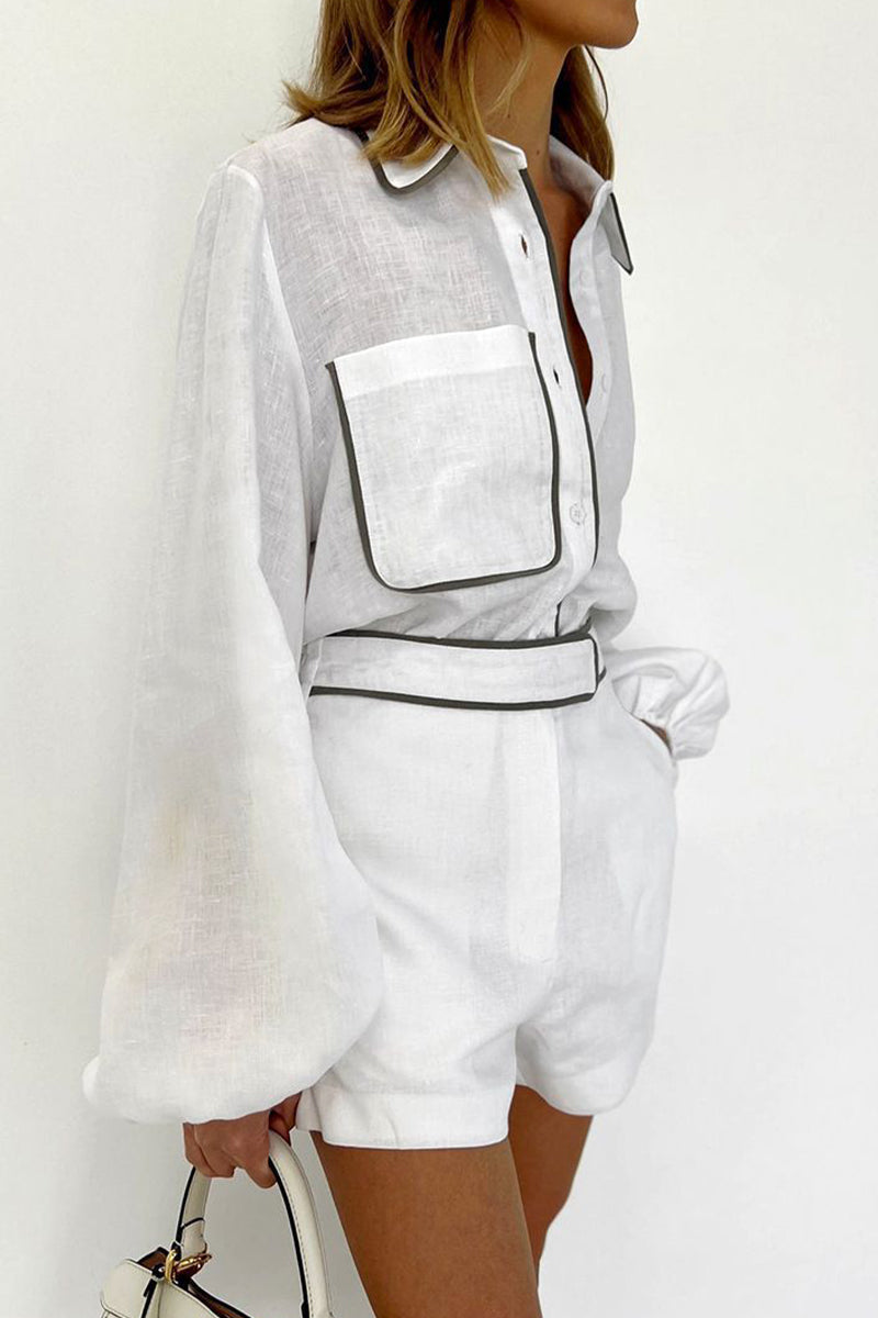 Kaynafashions - Daily Simplicity Solid Pocket Contrast Turndown Collar Long Sleeve Two Pieces