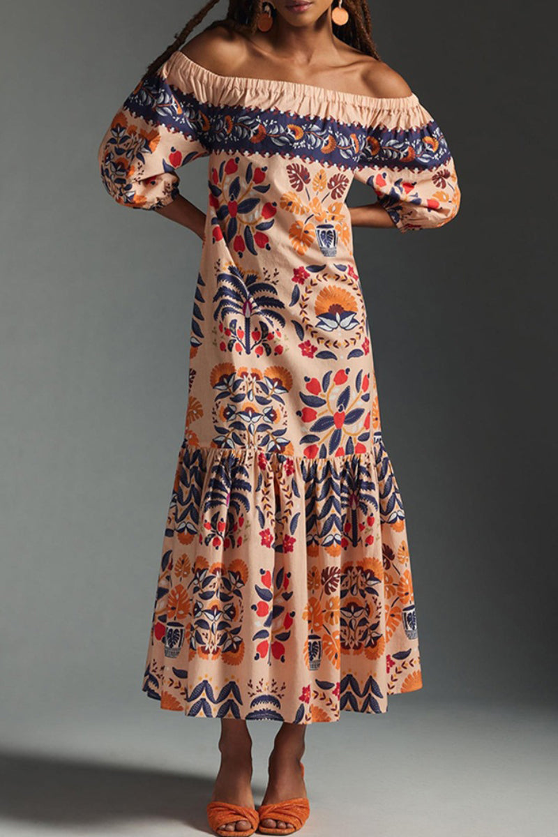 Kaynafashions - Elegant College Floral Patchwork Off the Shoulder Printed Dress Dresses