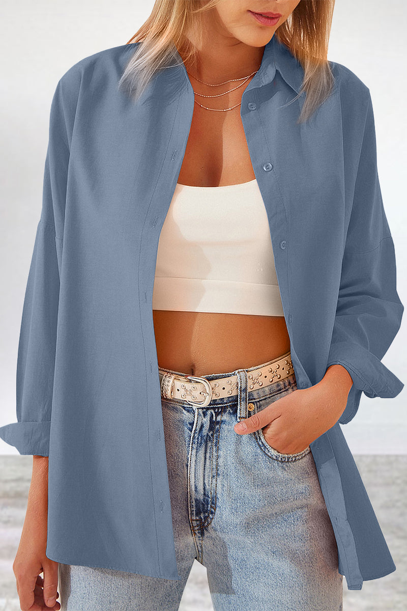 Kaynafashions - Casual Simplicity Solid Buttons Turndown Collar Blouses(11 Colors)