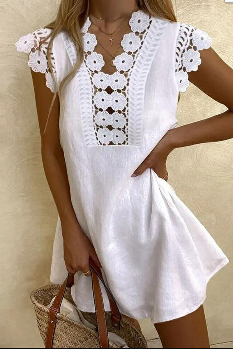 Kaynafashions - Casual Solid Hollowed Out V Neck A Line Short Sleeve Dress(8 Colors)