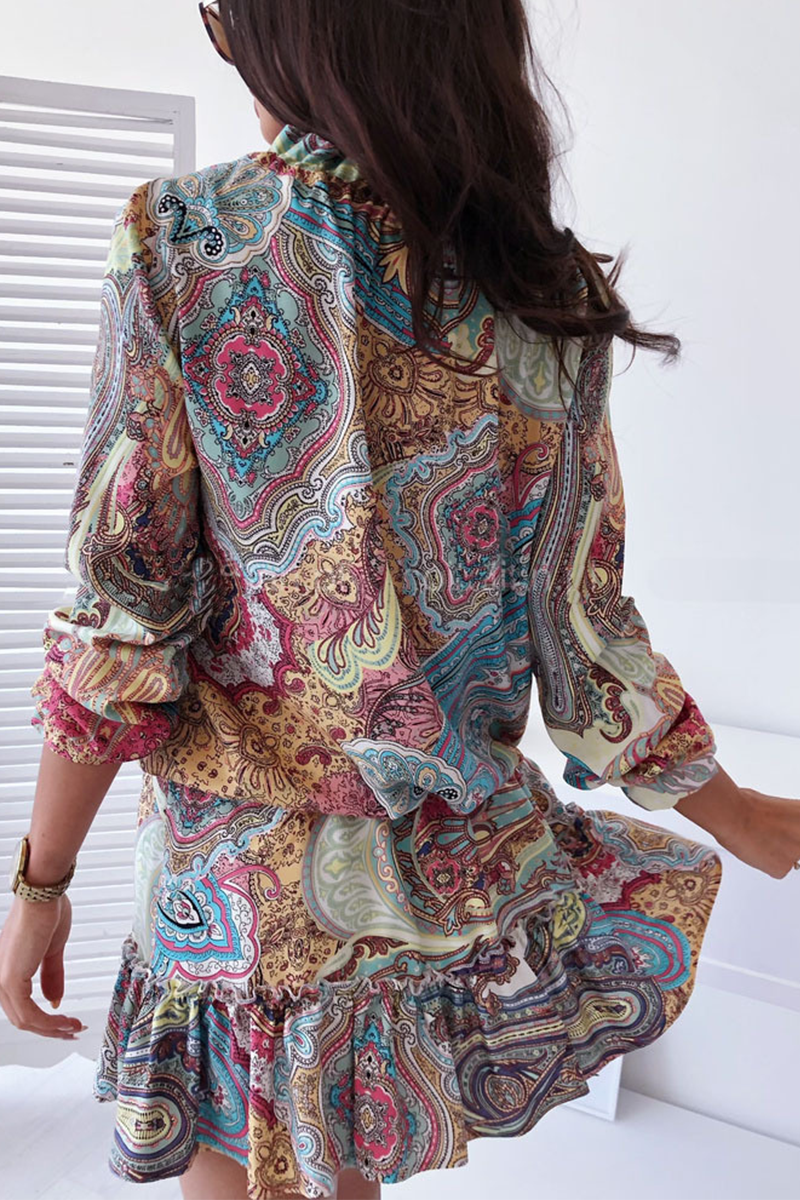 Kaynafashions - Casual Print Flounce V Neck Cake Skirt Dresses(3 colors)