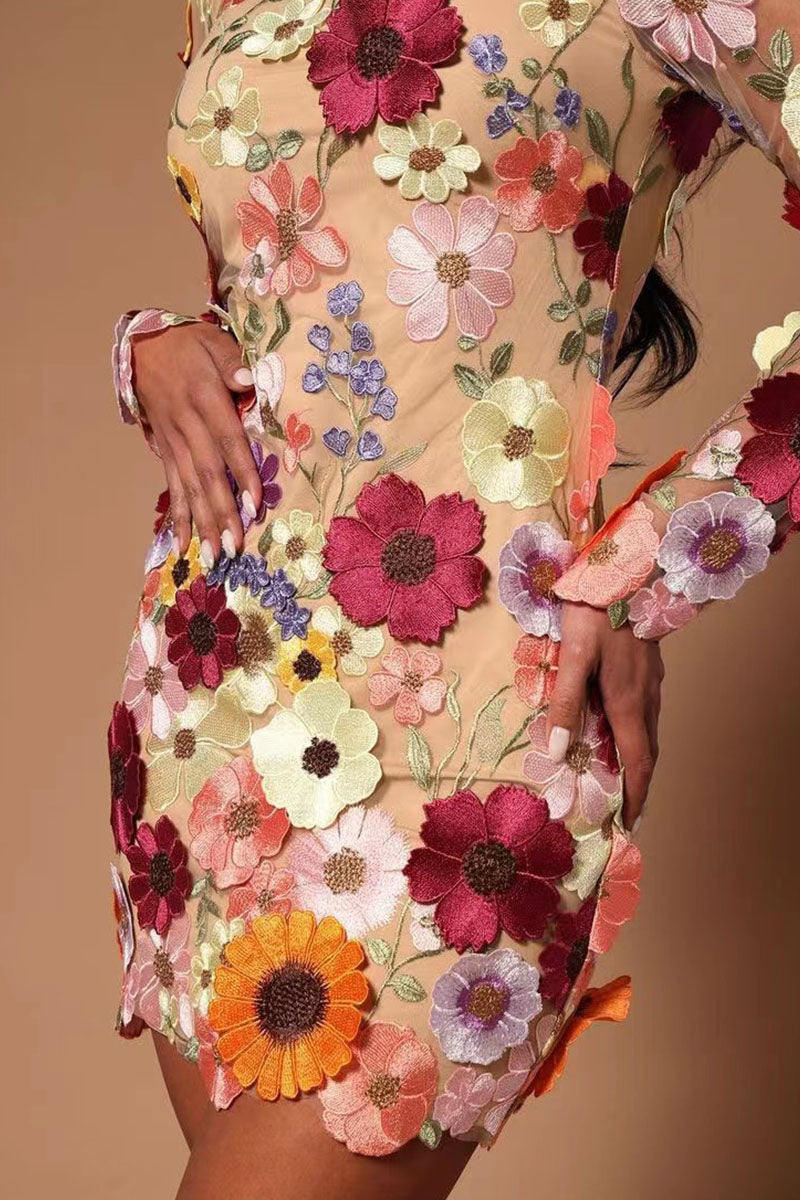 Kaynafashions - Sweet Patchwork Appliques Half A Turtleneck One Step Skirt Dresses