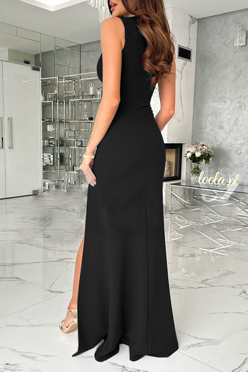 Kaynafashions - Celebrities Elegant Solid Slit Fold V Neck Evening Dress Dresses