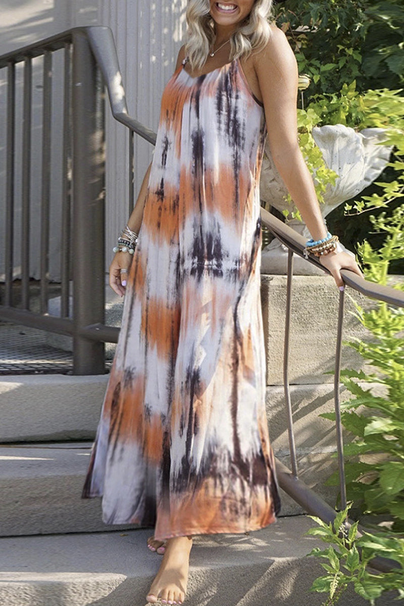 Kaynafashions - Casual Vacation Print Tie Dye Patchwork V Neck Sling Dress Dresses(7 Colors)