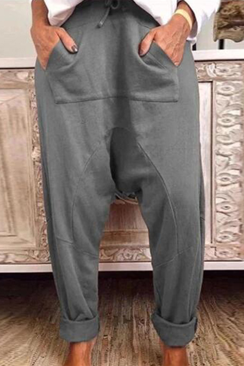 Kaynafashions - Casual Solid Draw String Pocket Loose Harlan Solid Color Bottoms（4 Colors)