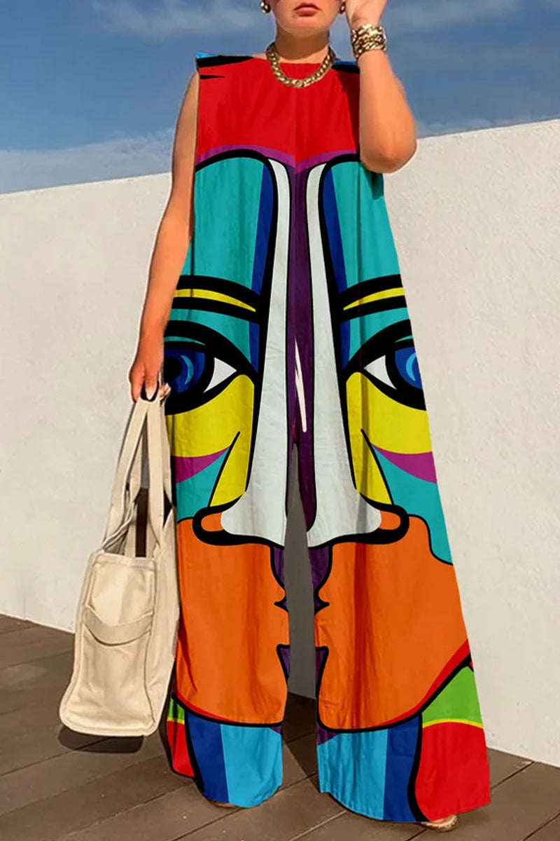 Kaynafashions - Casual Street Print O Neck Loose Jumpsuits