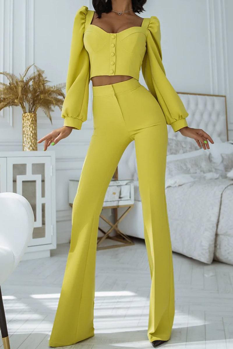 Kaynafashions - Work Elegant Solid Buckle Square Collar Long Sleeve Two Pieces(4 Colors)
