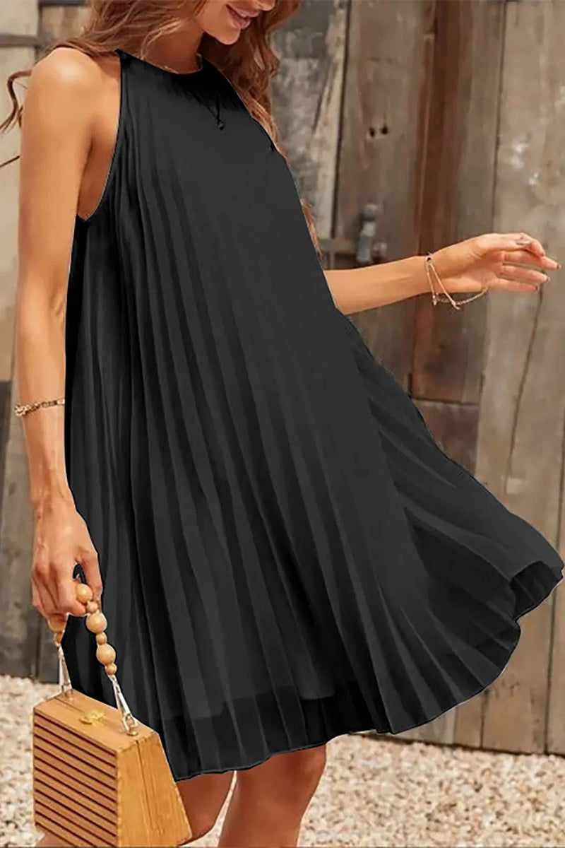 Kaynafashions - Casual Solid Fold Halter Pleated Dresses