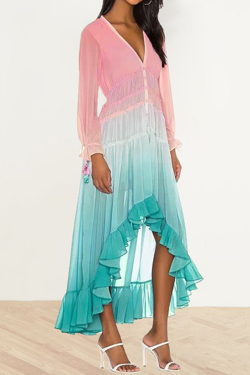 Kaynafashions - Elegant Gradual Change Patchwork Frenulum V Neck Printed Dress Dresses(3 Colors)