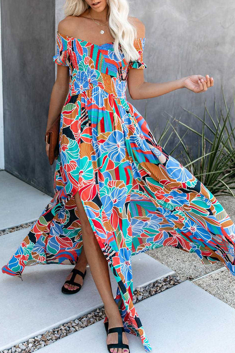 Kaynafashions - Elegant Vacation Floral Patchwork Off the Shoulder Printed Dress Dresses